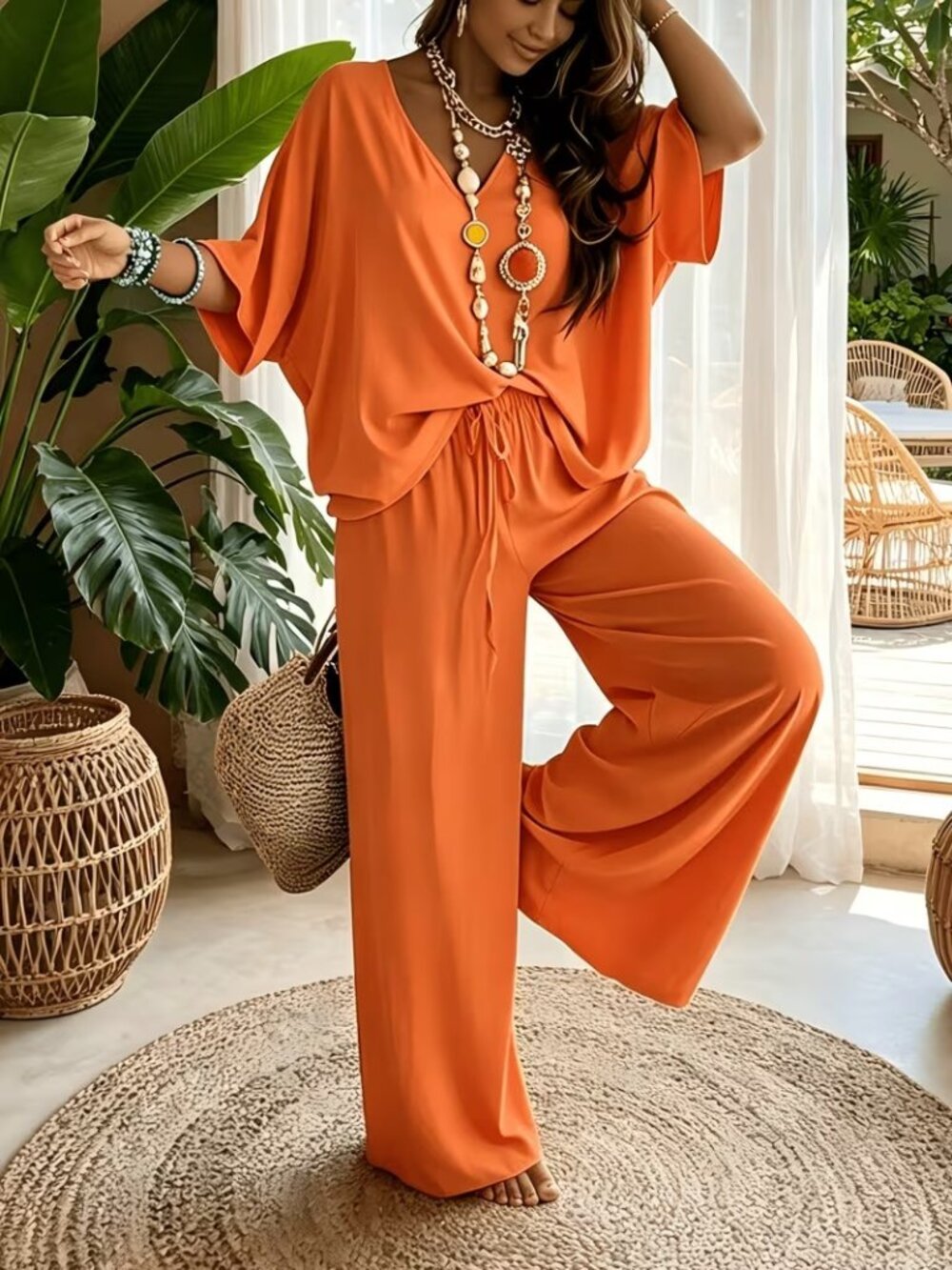 Orange Red V Neck Batwing Top Drawstring Pants 2 Piece Set XL XXL NWT